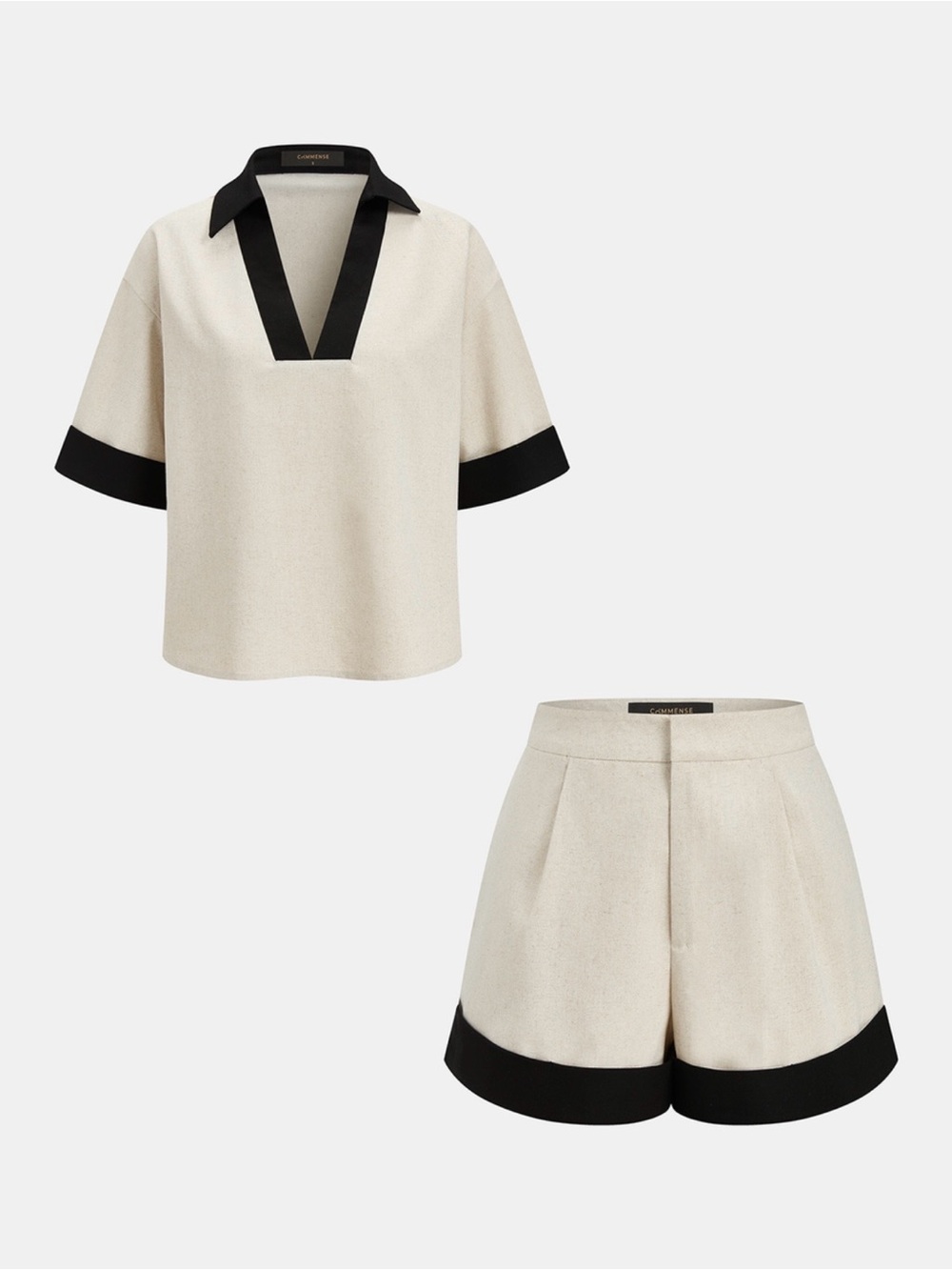 Commense Cream Cotten Linen Top & Shorts Set with Black Trim - - Picture 2 of 8